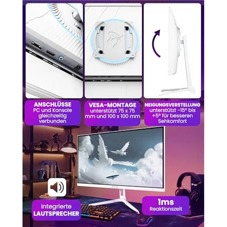 Arozzi Nova 24", Gaming Monitor mit 200Hz IPS, Full HD 1080p, Adaptive Sync, HDR10, flimmerfrei, 99% sRGB, Weiß – Bild 3