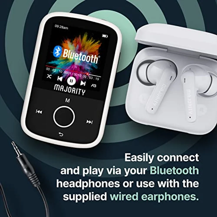 Bluetooth MP3 Player mit Sport-Clip für Kinder | Kopfhörer Inklusive | 16GB Interner Speicher, Erweiterbar auf bis zu 128GB | 34 Stunden Akkulaufzeit, 33g Gewicht | USB-Laden | MAJORITY MP3-Player – Bild 2