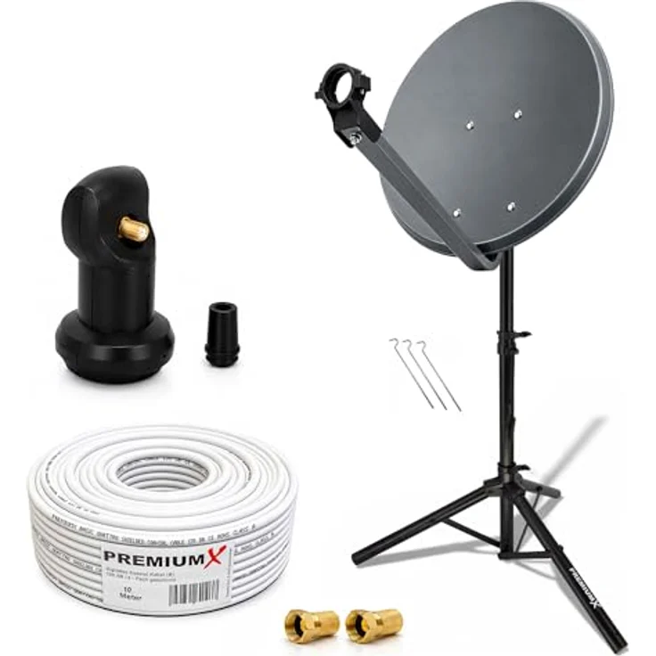 PremiumX Camping Sat Anlage 45cm Antenne, FullHD Digital mit Single LNB, 10m Kabel, 2x F-Stecker, Dreibein-Stativ in Schwarz – Bild 1