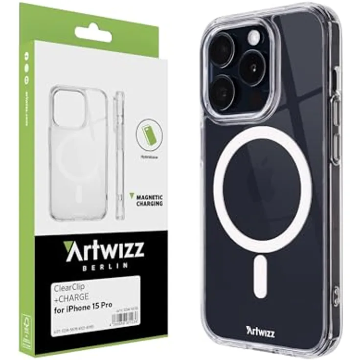 Artwizz ClearClip +Charge kompatibel mit iPhone 15 Pro - Kratzresistente Hülle mit Verstärkten Ecken - Kompatibel mit MagSafe Qi - Transparent