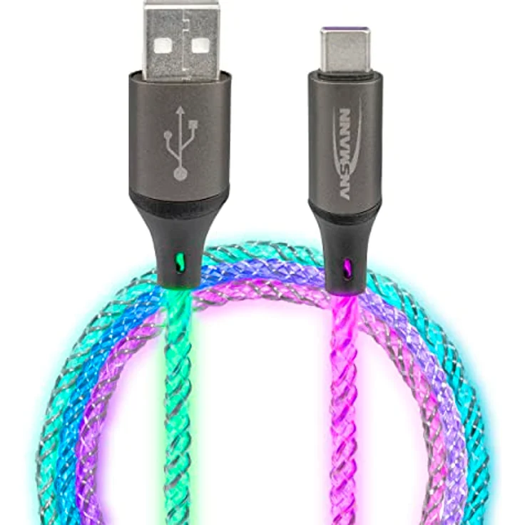 Ansmann Ladekabel 100 cm USB-A auf USB Typ C mit coolem, pulsierendem LED-Licht/Ruhiger Farbwechsel, ganz ohne störendes Blinken/Echter Hingucker für Gamer, Kfz Innenraum, Schlafzimmer – Bild 1