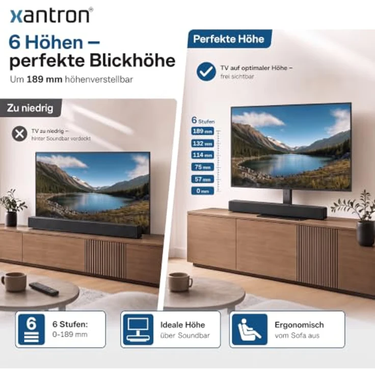 Xantron PREMIUM-TVS02, höhenverstellbarer TV Standfuß 37–75 Zoll, schwenkbar, für optimale Ergonomie – Bild 4