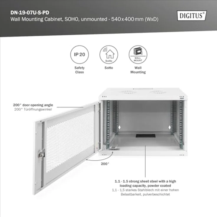 DIGITUS Netzwerk-Schrank 19 zoll 7 HE - unmontiert - Wandmontage - 400 mm Tiefe - Traglast 60 kg - Perforierte Tür – Bild 4