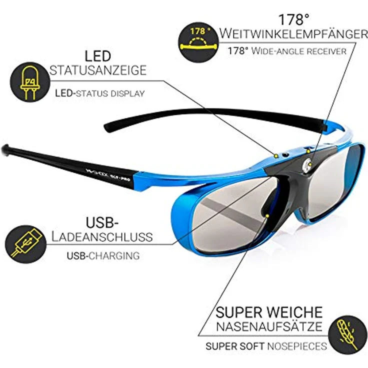 Hi-SHOCK DLP Pro Blue Heaven | DLP Link 3D Brille für 3D DLP Beamer [Shutterbrille | 96-144 Hz | wiederaufladbar | 32g | DLP Link | Blau] – Bild 5