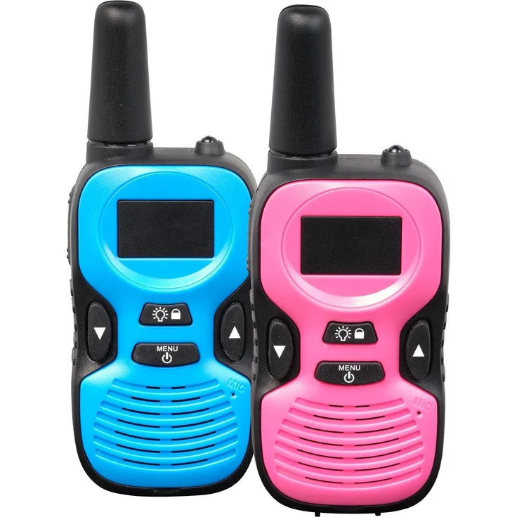 Denver WTK-441 Walkie-Talkie Twin Set, 8 Kanäle, Reichweite 1-2 km, 4 bunte Frontplatten (2 blau, 2 rosa), inklusive Taschenlampe