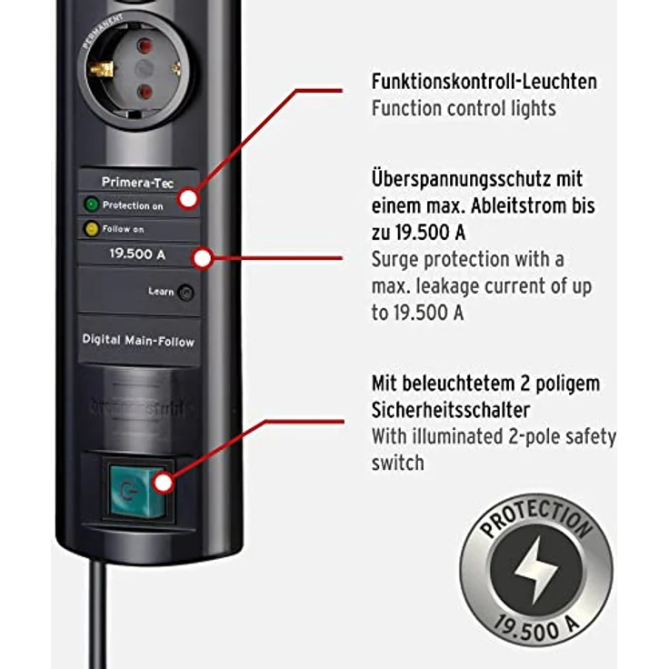Brennenstuhl Primera-Tec DigiMaster, Steckdosenleiste 7-fach mit Überspannungsschutz 19.500A (Steckerleiste mit 2m Kabel, Schalter, Master Slave Funktion) schwarz – Bild 3