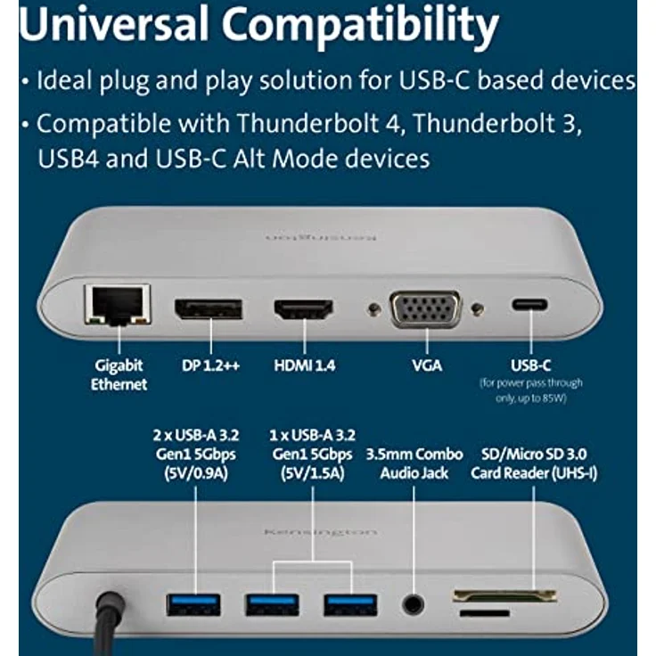 Kensington UH1440P Duale Video Mobile 10-in-1 USB-C Laptop Docking Station, Universal, 3 USB-A-Anschlüsse, Bis 85 W Power Pass-Through, Ultra HD (Single 4K @ 30 Hz) High Res Plug & Play Hub (K33853WW) – Bild 3
