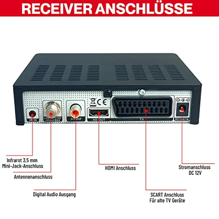 M@TEC Amiko MIRA3 HD Sat Receiver mit Aufnahmefunktion, Kartenslot, Timeshift, HDMI, PVR, USB, WiFi, AAC-LC, SCART, Coaxial - Sat Receiver HD für Satelliten, 12V Netzteil + HDMI Kabel - Schwarz – Bild 2