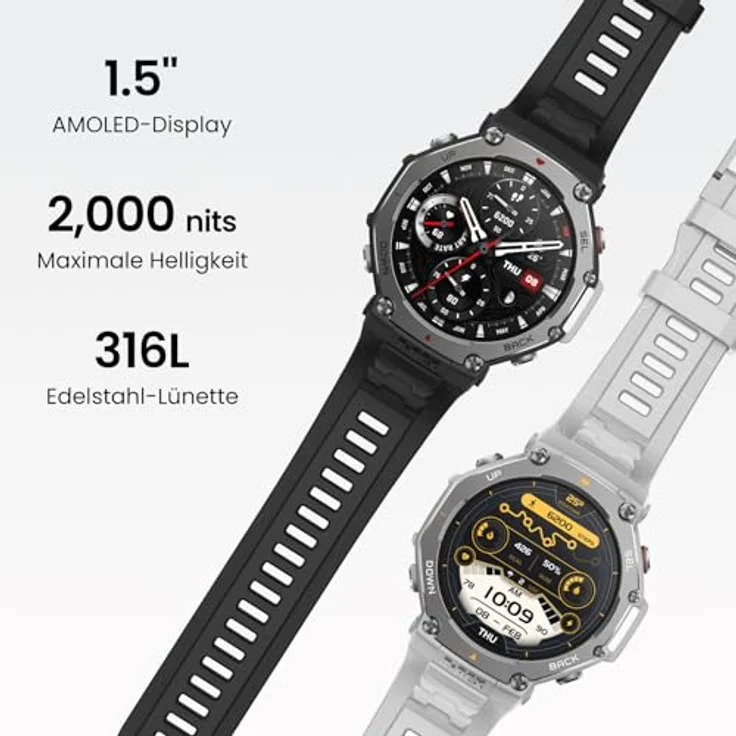 Amazfit T-Rex 3 Outdoor Smartwatch 48mm AMOLED Display, Dual Band GPS, 27 Tage Akkulaufzeit, NFC Zahlung, 170+ Sportmodus, 45m Freitauchen - Schwarz – Bild 3