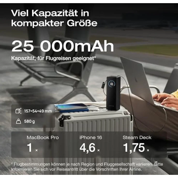 EF ECOFLOW Rapid Powerbank 25 000 mAh, 170 W tragbares Ladegerät mit 100 W USB-C Anschluss und integrierten Kabeln, schwarz – Bild 5