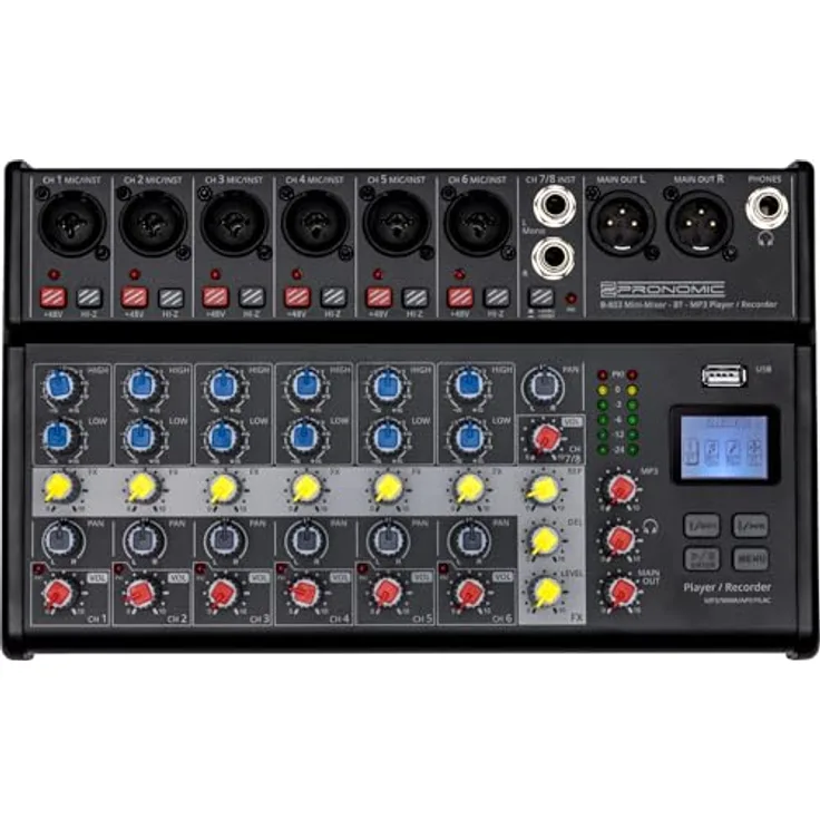 Pronomic B-803 Mini-Mixer mit Bluetooth und USB-Recording - Kompakter 8-Kanal Mixer - 6 Kanäle mit Combobuchsen, Phantomspeisung und Hi-Z Schalter - USB-Port - Main-Ausgänge im XLR-Format - Schwarz