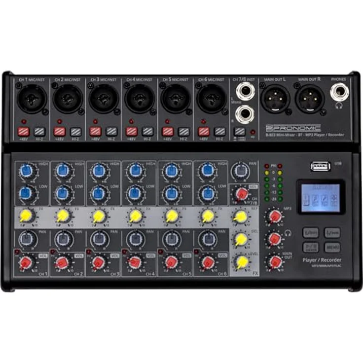 Pronomic B-803 Mini-Mixer mit Bluetooth und USB-Recording - Kompakter 8-Kanal Mixer - 6 Kanäle mit Combobuchsen, Phantomspeisung und Hi-Z Schalter - USB-Port - Main-Ausgänge im XLR-Format - Schwarz – Bild 1