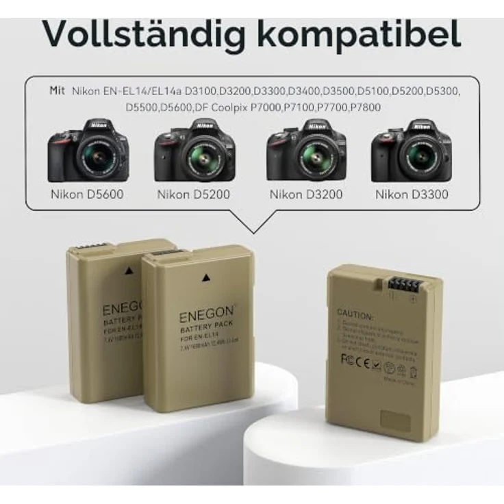 ENEGON 3er-Pack EN-EL14 Hochkapazitäts-Akkus (1680mAh) + 3-Schacht Ladegerät mit LCD-Anzeige, kompatibel mit Nikon D3100-D5600 – Bild 2