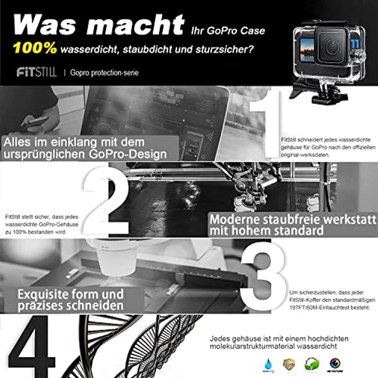FiTSTILL 60M Wasserdichtes Gehäuse für GoPro Hero 13/12/11/10/9 Black, Schützende Unterwasser-Tauchschale mit Halterungszubehör und optischer Glaslinse – Bild 2