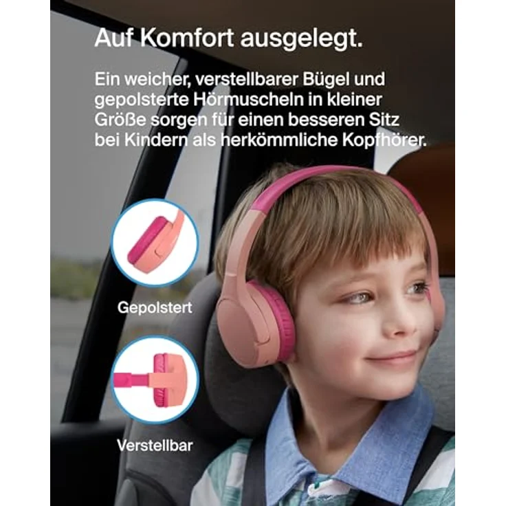 Belkin SoundForm Mini kabelloser Kinderkopfhörer mit integriertem Mikrofon, 30 Std. Wiedergabe, lustige Aufkleber – Rosa – Bild 4