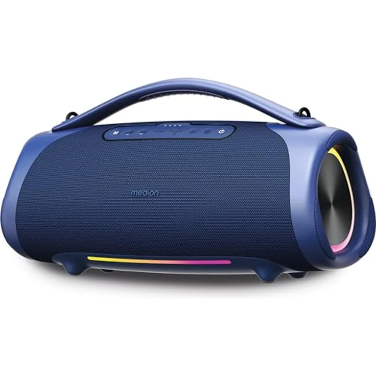 MEDION P61768 tragbarer Bluetooth Lautsprecher (Akku, Bass Boost, RGB Lichteffekte, IPX7 Wasserschutz & robust, integrierte Powerbank, 2X 25 W + 50 W RMS) Blau