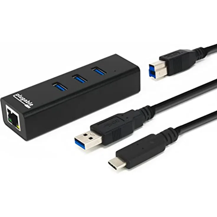 Plugable Mobiler USB 3.0-Hub mit Ethernet - über den USB 3.0 3-Port-Hub mit Gigabit Ethernet für Windows, MacBook, Linux, Chrome OS (Kabel für USB-C- und USB 3.0-Systeme liegen bei)