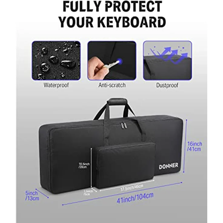 Donner Keyboardtasche 61 Tasten, 104 x 41 x 13 cm wasserdichte Keyboard Tasche 10 mm Dicke Polsterung Gepolstert Gig Bag, Schwarz – Bild 3