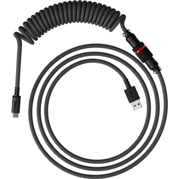 HyperX Spiralkabel – langlebiges Spiralkabel, stilvolles Design, 5-poliger Pilotenstecker, USB-C auf USB-A – grau/schwarz – Bild 1