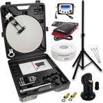 PremiumX Mobile Camping SAT Anlage Satellitenschüssel TV Receiver Satelliten-Finder Single LNB 10m Kabel Koffer Camp Stativ, wettergeschütztes LNB mit 0,1 dB Rauschmaß, 4K und 3D Unterstützung, stabiles Camp Stativ