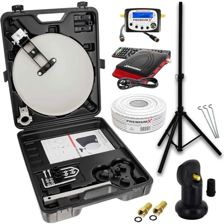 PremiumX Mobile Camping SAT Anlage Satellitenschüssel TV Receiver Satelliten-Finder Single LNB 10m Kabel Koffer Camp Stativ, wettergeschütztes LNB mit 0,1 dB Rauschmaß, 4K und 3D Unterstützung, stabiles Camp Stativ