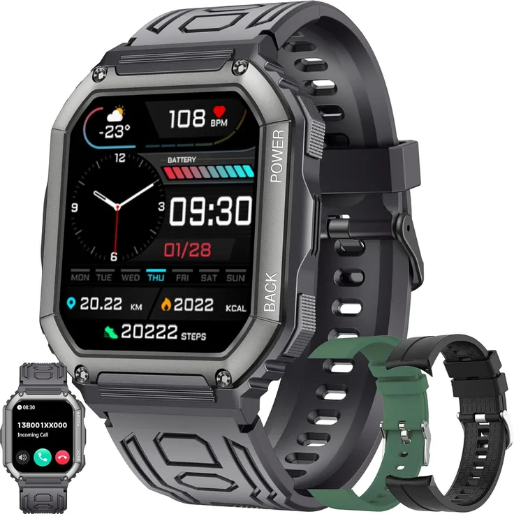 SGDDFIT Herren Smartwatch 1.8" HD Display, Bluetooth-Anrufe, 100 Sportmodi, 5ATM wasserdicht, Herzfrequenz- und Blutdruckmessung
