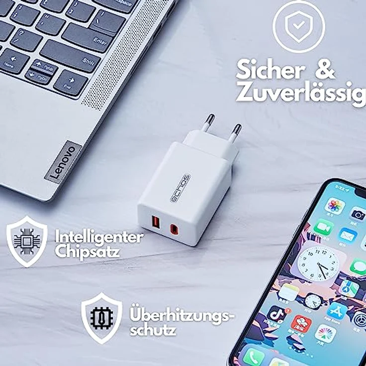 Echos 33W Dual Port Ladegerät USB C Schnellladegerät Power Netzteil PD PPS Ladegerät Schnelllader für Handys, Laptops und Tablets Mobiltelefon-Lader Smartphone-Aufladegerät Handy-Netzteil Ladekabel QC 3.0, Weiß – Bild 4