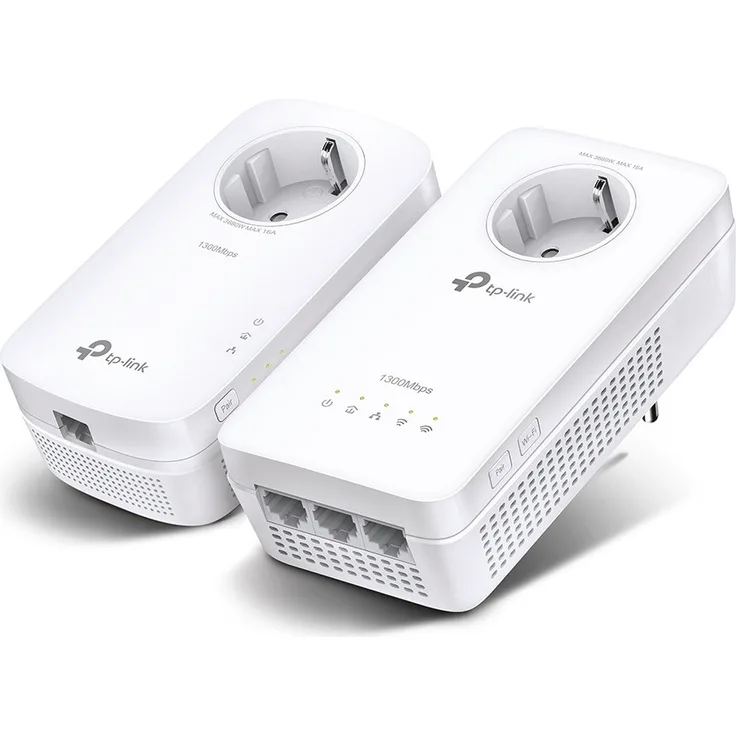 TP-Link Powerline-WLAN-Adapter TL-WPA8631P, HomePlug AV2, OneMesh, integrierte Steckdose, 3 Gigabit Ports, 802.11ac Dualband, bis zu 1300 Mbit/s