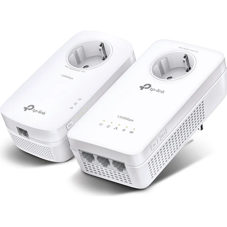 TP-Link Powerline-WLAN-Adapter TL-WPA8631P, HomePlug AV2, OneMesh, integrierte Steckdose, 3 Gigabit Ports, 802.11ac Dualband, bis zu 1300 Mbit/s