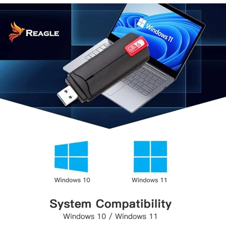 Reagle USB-A WiFi 6 Adapter AX1800 Mbps, Dual-Band 2,4GHz/5GHz, MU-MIMO Technologie, 2x 5dBi Antennen, Kompatibel mit Windows 7/8/10/11, Plug & Play, Schwarz – Bild 2