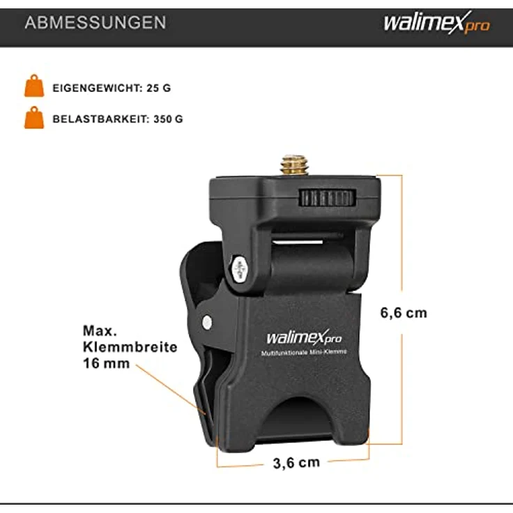 Walimex pro Multifunktionale Mini-Klemme - LED-Leuchten-Halterung mit 1/4 Zoll Gewinde, maximal Belastbarkeit 350 g, rutschfeste Gummierung, universelle Klemme für Smartphones, Tablets und Laptops – Bild 3