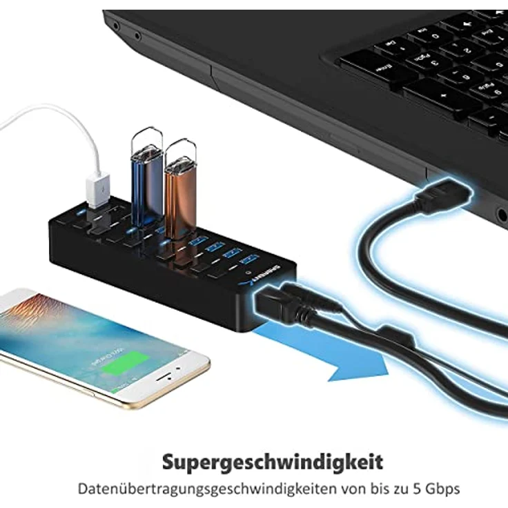SABRENT USB Hub aktiv 3.2 gen1 + netzteil 60W 10port (7 USB hub 3.2 + 3 USB 2) USB Adapter mehrfach Verlängerung, USB Verteiler, Powered USB hub, mit EIN/AUS Schaltern, fur PS5, PC, MacBook (HB-B7C3) – Bild 4