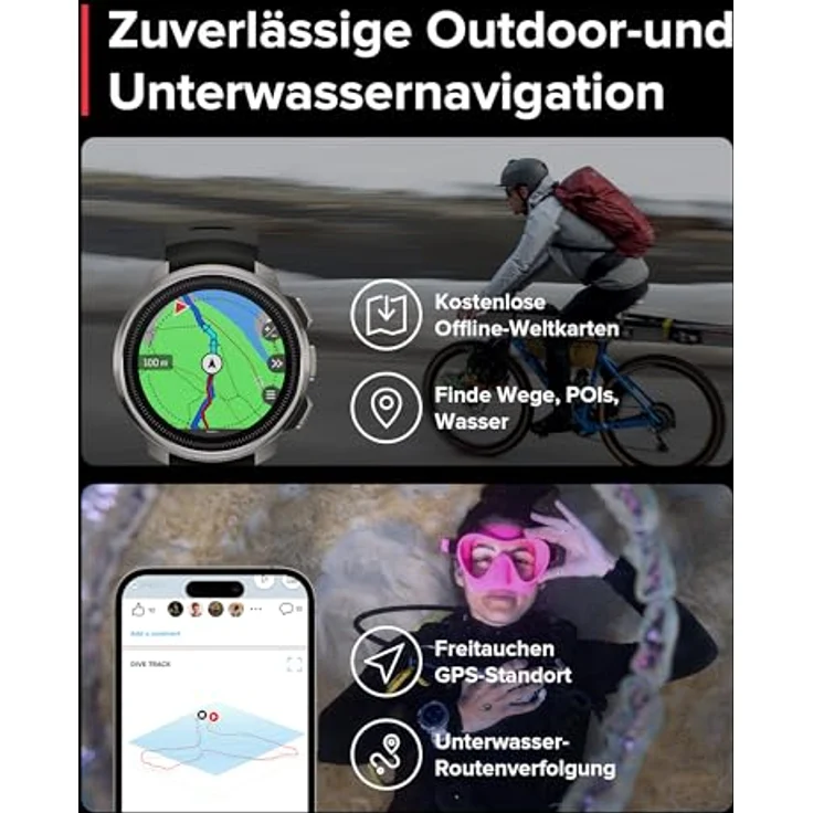 SUUNTO Ocean Tauchcomputer und Sportuhr, AMOLED-Bildschirm, 100m Wasserdicht, Zweifrequenz GPS, Offline-Karte, 95+ Sportarten, HRV & Schlafqualität Verfolgung, 40 Stunden Akkulaufzeit im Tauchmodus, Edelstahl/Saphirglas, 99g, 13,4mm, 50mm, -20°C, SUUNTO – Bild 5