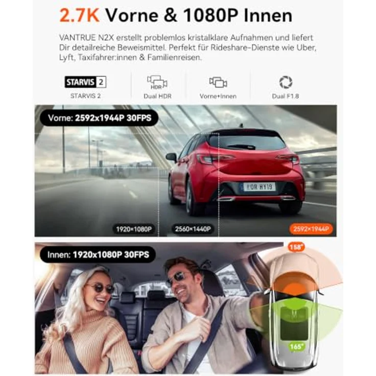 VANTRUE N2X Dual Dashcam, 2.7K + 1080P Auflösung, GPS, 5G WiFi, IR-Nachtsicht für Innen- und Außenüberwachung – Bild 2