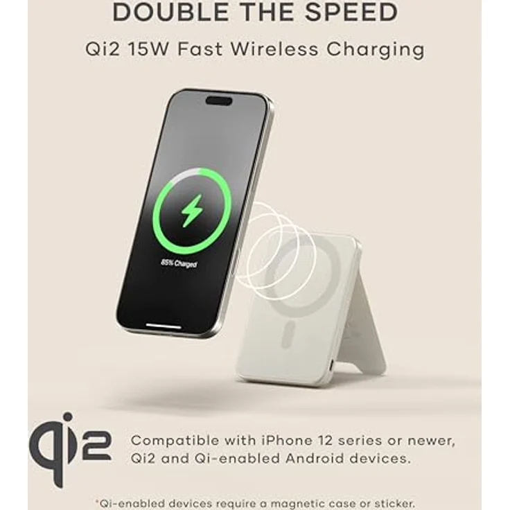 SATECHI OntheGo Powerbank Qi2 5000mAh mit Ständer – 15W Schnellladung, tragbare Batterie für iPhone & Android – Sand – Bild 2