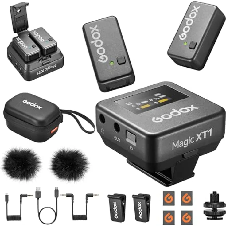 Godox Magic XT1 Wireless Lavalier Microphone, Mikrofon für Kamera (2 TX + 1 RX Ladeschale), Mini-Mikrofon mit Geräuschunterdrückung, 16H Akku, Touchscreen 200M/60ft, Wireless Mikrofon