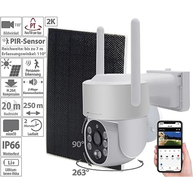 VisorTech Überwachungskamera DSC-502.cam mit Solarpanel, 2K-Funk-Pan-Tilt-Kamera, Solar Überwachung, außen, 4-MP-Sensor, IP66, weiß – Bild 2
