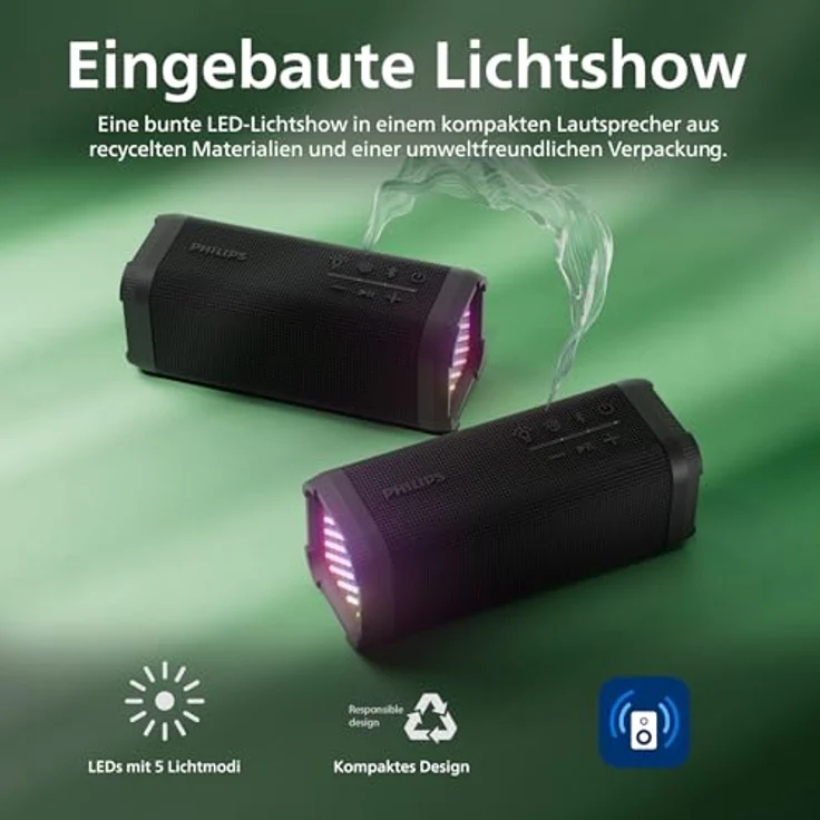 Philips TAS2000B, kabelloser Bluetooth-Lautsprecher mit 20 W Bass+, LED-Lichtshow, IPX5 spritzwassergeschützt, 20 Std. Wiedergabezeit, Mikrofon, App-Steuerung – Schwarz – Bild 5
