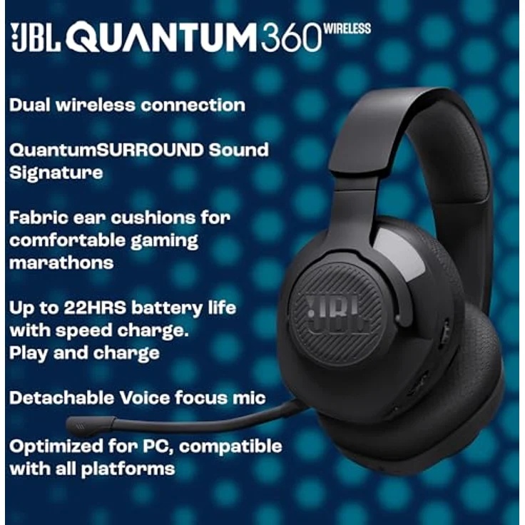 JBL Quantum 360 Kabellose Over-Ear Gaming-Kopfhörer mit 2,4 GHz/Bluetooth Dual Wireless-Verbindung, 22-Stunden-Akku, Multi-Plattform-Kompatibilität, abnehmbarem Mikrofon mit Stummschaltung, Schwarz – Bild 2