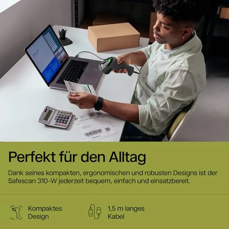 Safescan 310-W Barcodescanner, Handscanner für 1D- und 2D-Barcodes, Plug & Play mit 1,5 m USB-Kabel und Ständer – Bild 5