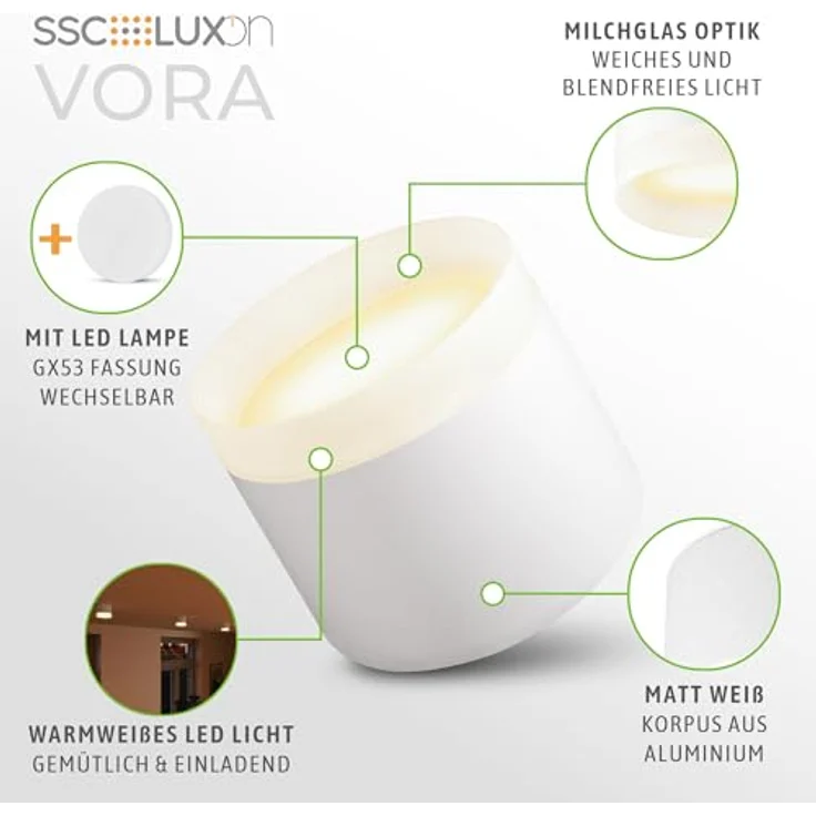 SSC-LUXon VORA LED Aufbaulampe rund weiß pulverbeschichtet - Wohnzimmer Deckenleuchte GX53 warmweiß 3W – Bild 3