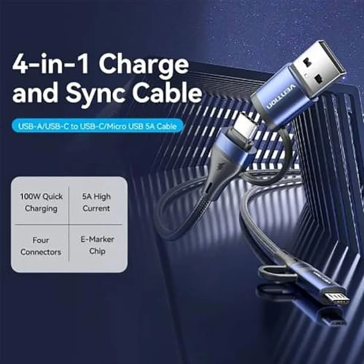 Vention CTLLF USB-C auf Micro-USB-Kabel, 1 m, 4-in-1 mit 100 W Schnellladung, schwarz – Bild 2