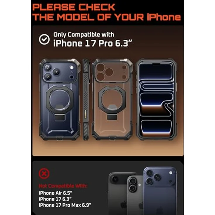 SUPCASE Unicorn Beetle Grip Hülle für iPhone 17 Pro, [Militärstandard Fallschutz, MagSafe-kompatibel, integrierter Ringhalter, Schwarz] – Bild 2