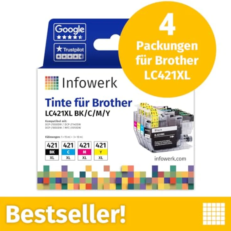 Infowerk Tintenpatrone LC421XL, 4-tlg. Set in Cyan, Magenta, Gelb und Schwarz, kompatibel mit Brother Druckern, bis 500 Seiten pro Patrone – Bild 2
