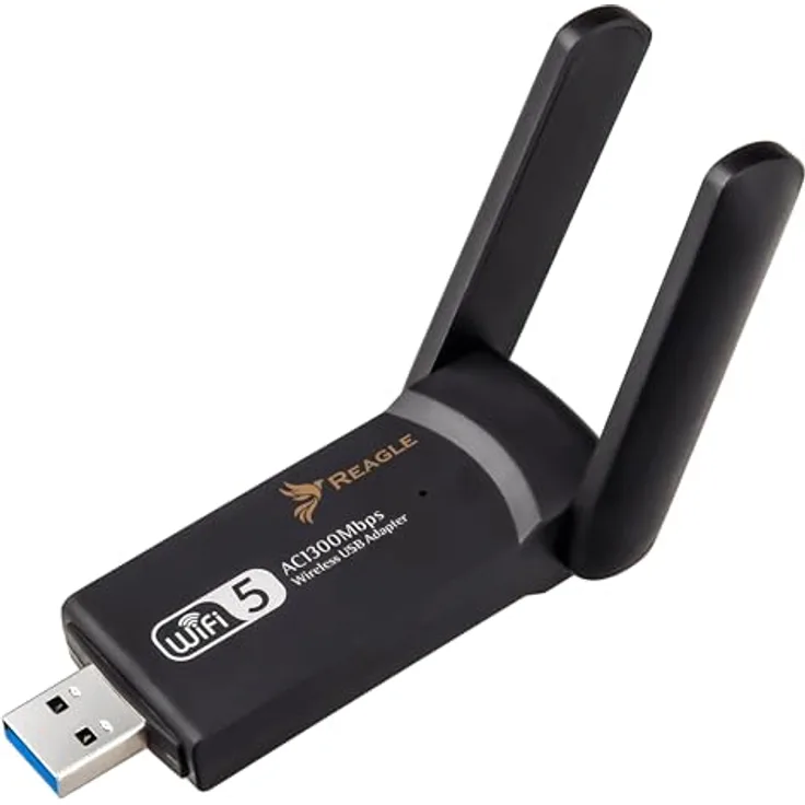 Reagle USB-A WLAN Adapter - 1300 Mbps, Dualband 2.4GHz/5GHz WiFi Dongle, 802.11ac, High Gain 2X 5dBi Antennen, PC & Laptop Netzwerk Adapter, Kompatibel mit Windows/Mac/Linux