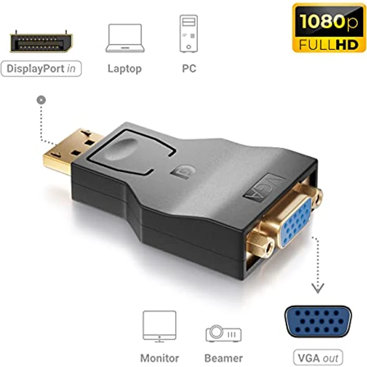 deleyCON DisplayPort auf VGA Adapter Konverter, unidirektional, für VGA Monitor/Beamer, schwarzer Stecker auf Buchse, Verlustfreie Signalübertragung – Bild 2