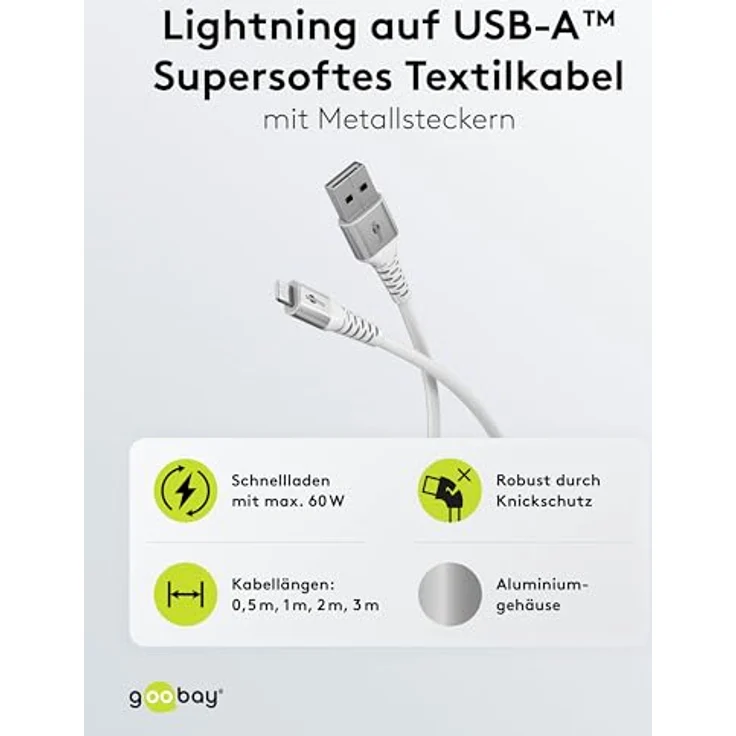 Goobay Lightning auf USB-A, supersoftes Textilkabel mit Metallsteckern, 0,5 m, flexibles Silikon für maximalen Schutz – Bild 2
