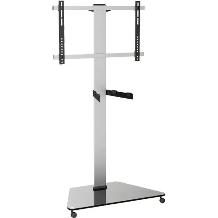 HALTERUNGSPROFI LCD LED TV STÄNDER Glas STANDFUSS MIT TV Adapter 32" - 70" Höhenverstellbare Ablage Mit Rollen Rack FS03G, Alu-silber und Glas-schwarz, VESA Kompatibel