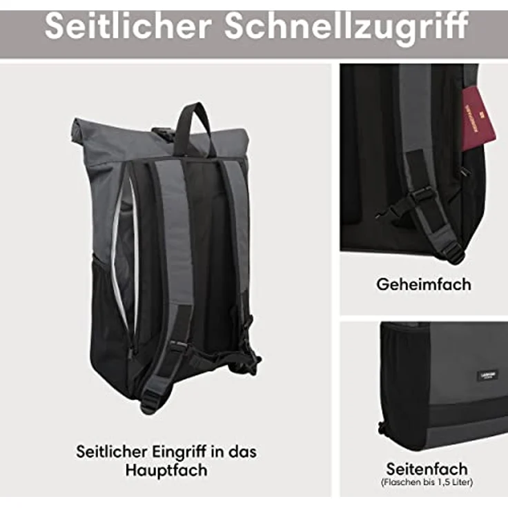 LARKSON Rolltop Rucksack Herren & Damen Groß Anthrazit - No 2 - Daypack für Schule, Uni, Fahrrad - 16 Zoll Laptop Fach für Arbeit - Nachhaltig - Anti-Diebstahl - Wasserabweisend – Bild 4