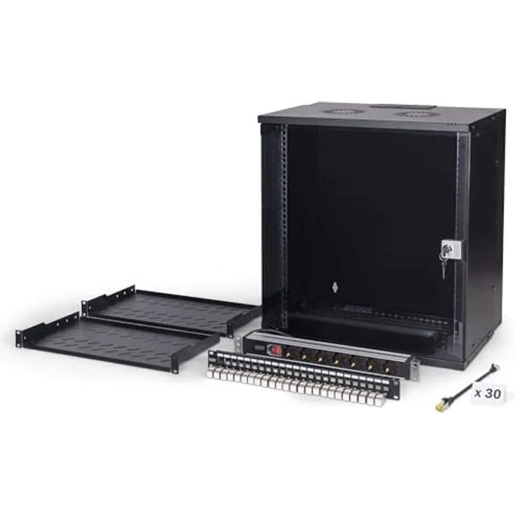DIGITUS 19 Zoll Netzwerk-Set, 12HE Netzwerkschrank mit 2 Fachböden, 24-Port Patch Panel, 24 Keystone Module, 30 Patchkabel, Steckdosenleiste, unmontiert, SOHO PRO-Serie, Schwarz